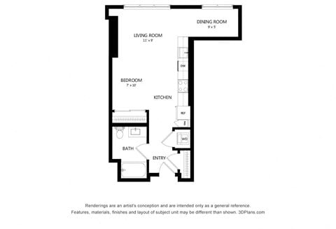 Floor plan for studio, 1 bath, 602 sqft